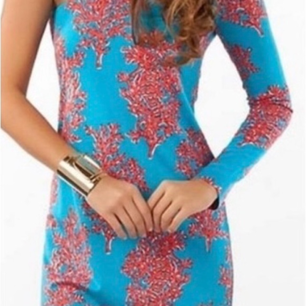 Lilly Pulitzer Whitaker One Shoulder Turquoise Coral Siesta Jersey Dress, XS - Picture 7 of 7